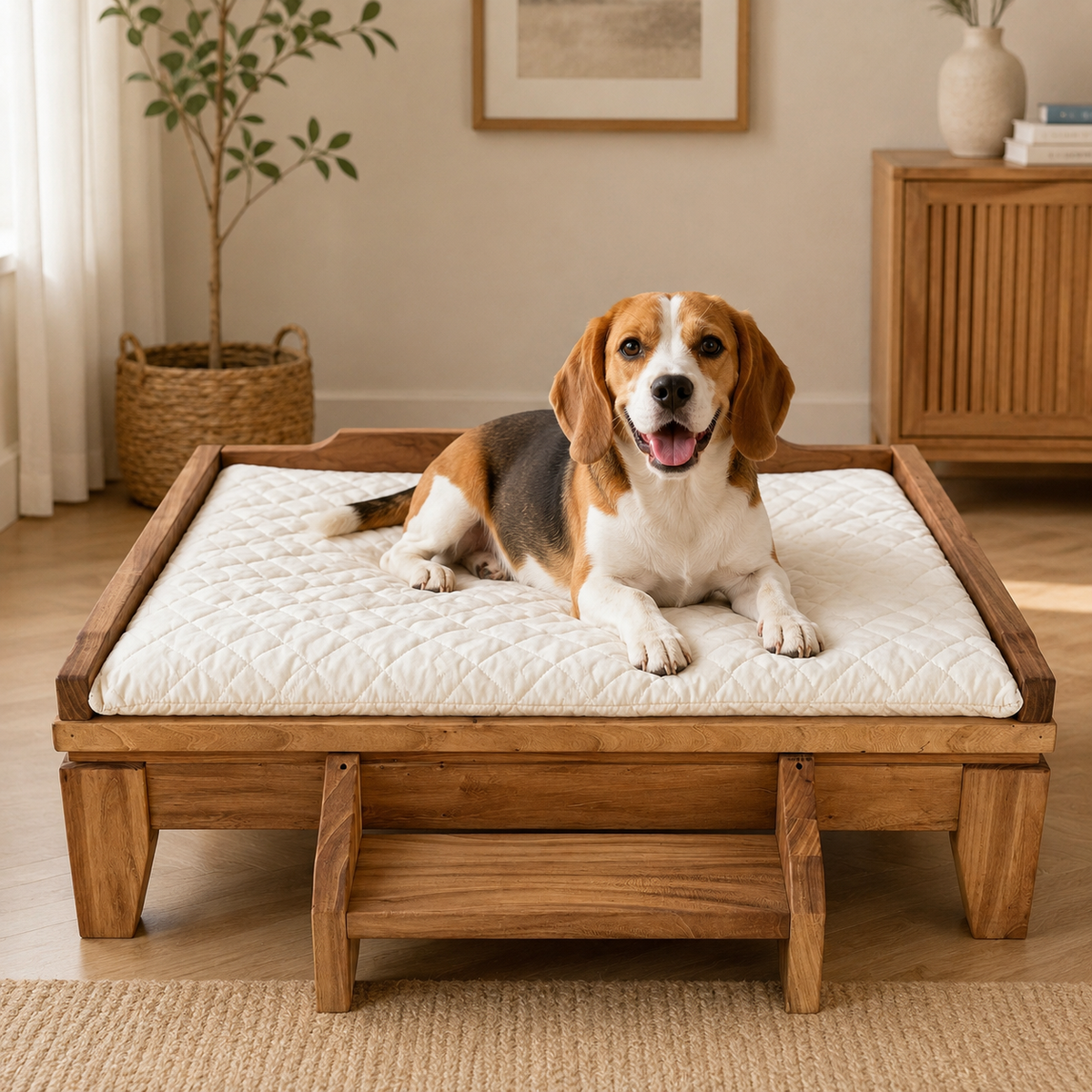 Elevated Solid Wood Pet Bed with Removable Cushion for Dogs & Cats