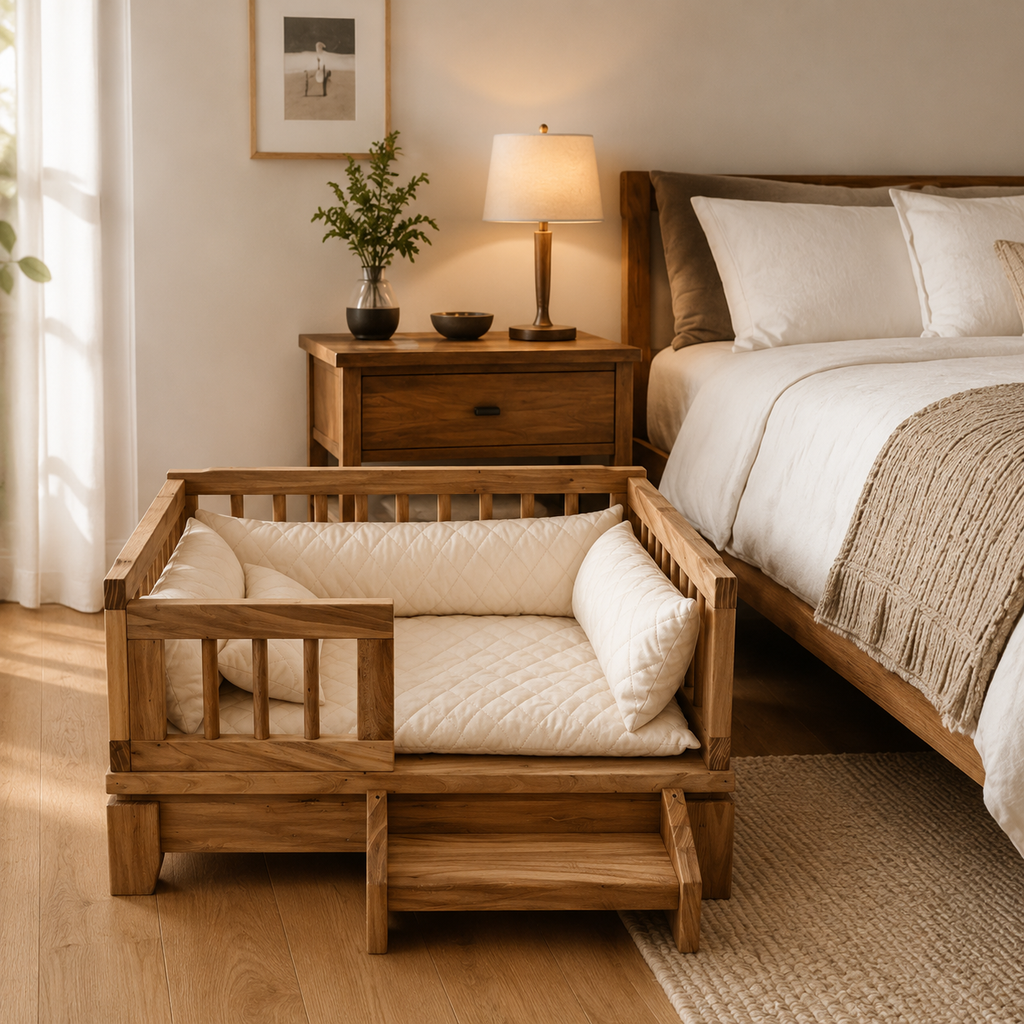 Premium Solid Wood Pet Bed with Removable Cushion for Dogs & Cats