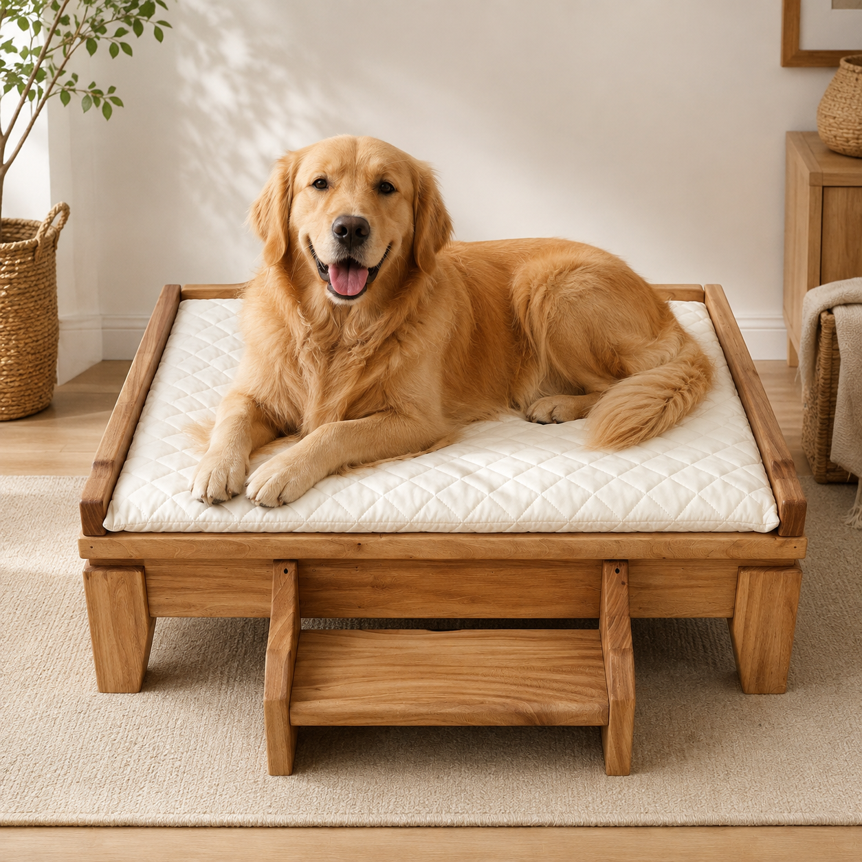 Elevated Solid Wood Pet Bed with Removable Cushion for Dogs & Cats