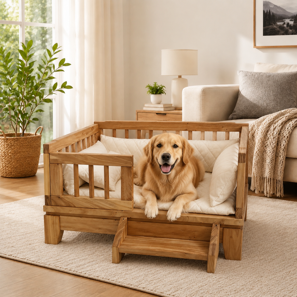 Premium Solid Wood Pet Bed with Removable Cushion for Dogs & Cats