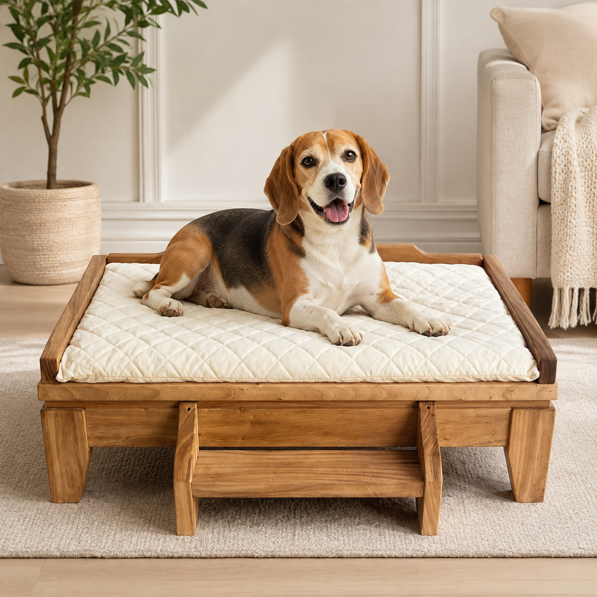 Elevated Solid Wood Pet Bed with Removable Cushion for Dogs & Cats