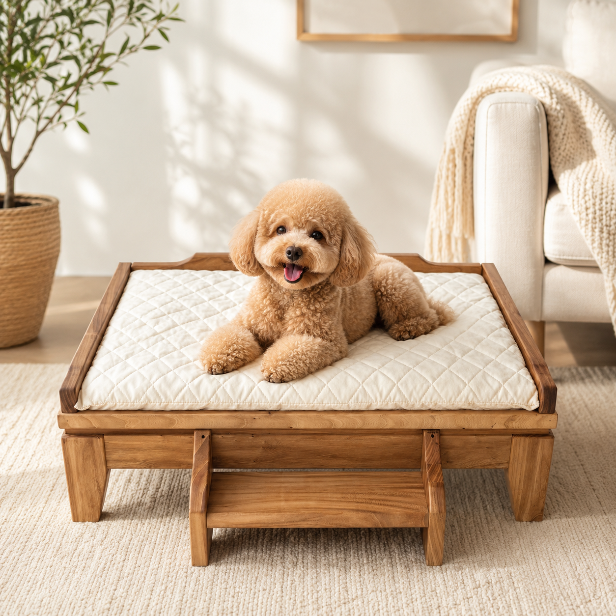Elevated Solid Wood Pet Bed with Removable Cushion for Dogs & Cats