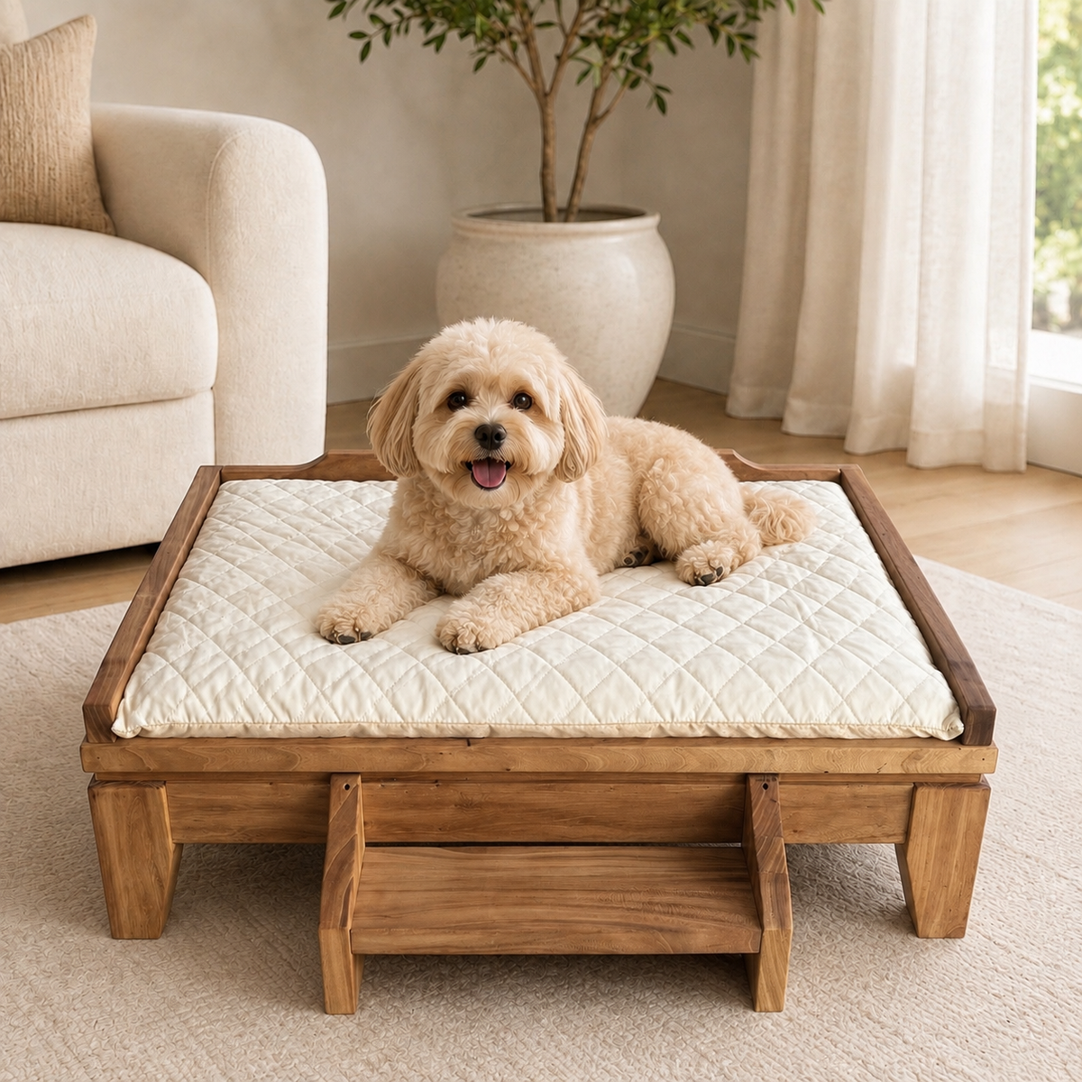 Elevated Solid Wood Pet Bed with Removable Cushion for Dogs & Cats