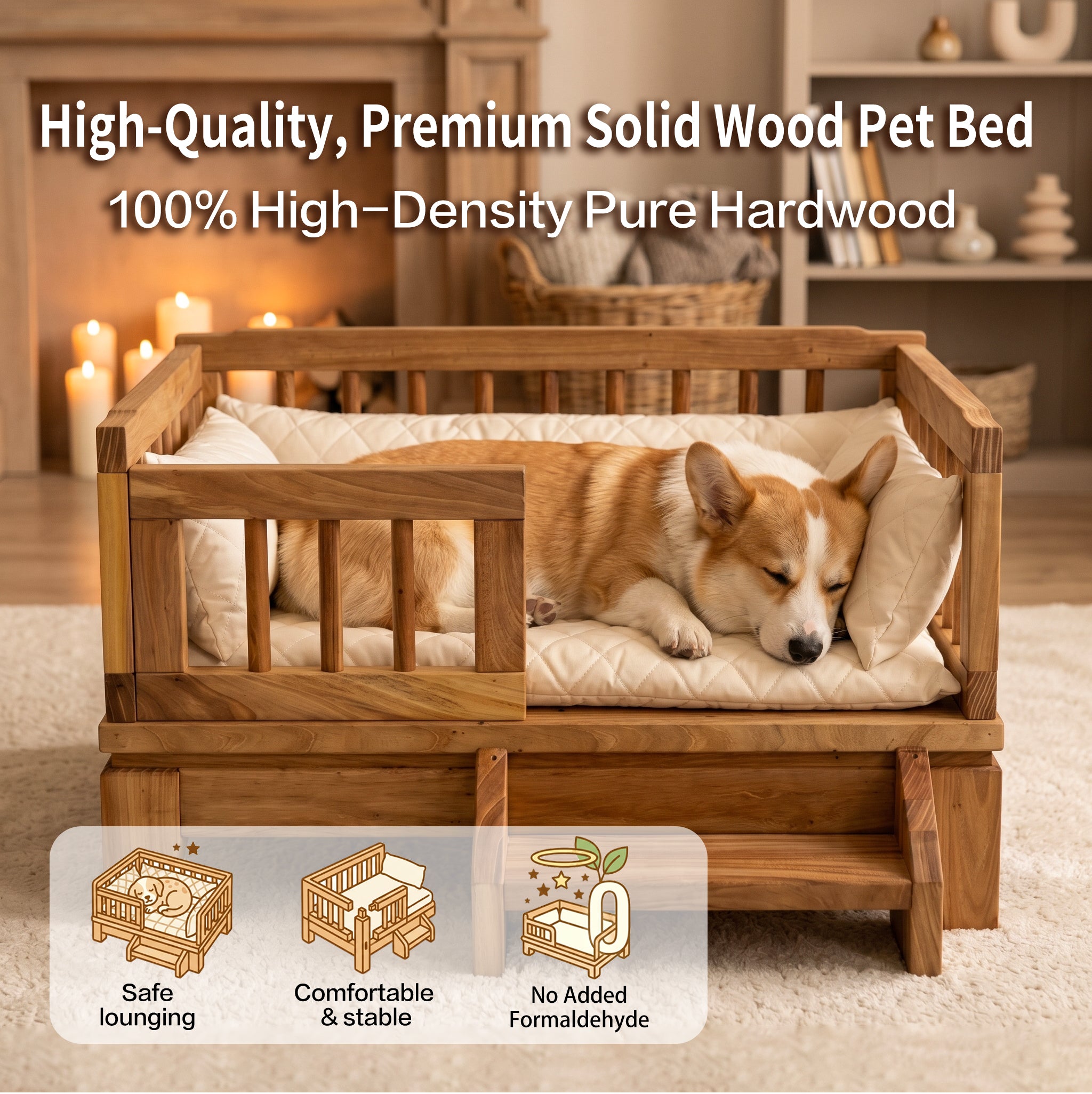 Premium Solid Wood Pet Bed with Removable Cushion – Dogs & Cats