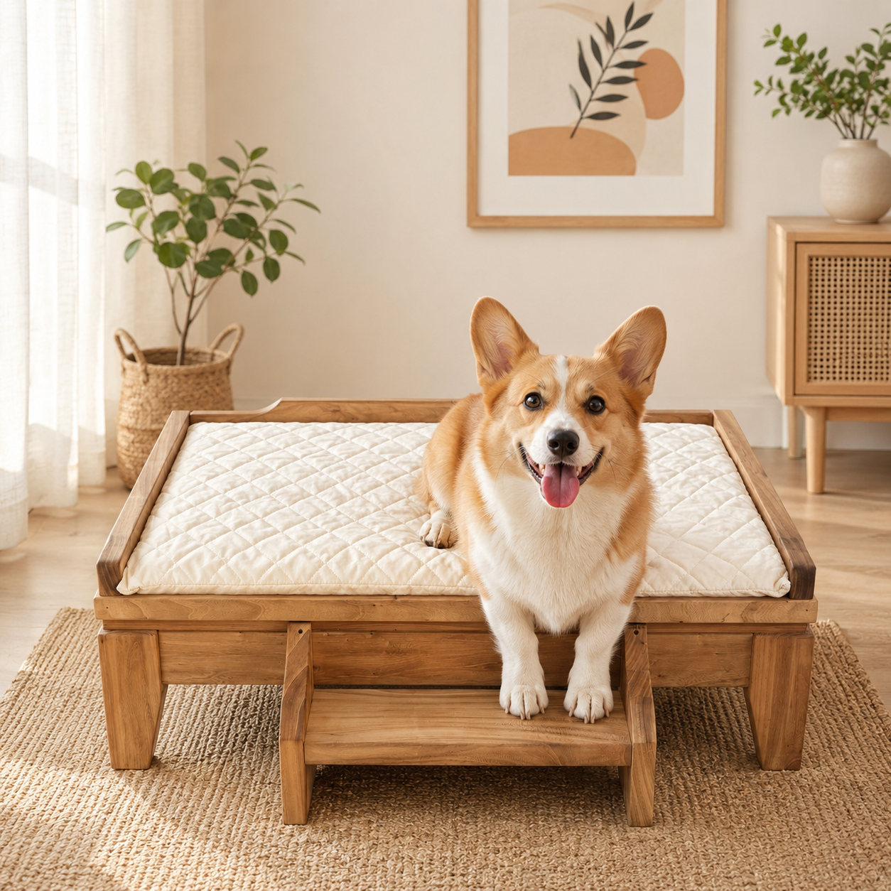 Elevated Solid Wood Pet Bed with Removable Cushion for Dogs & Cats