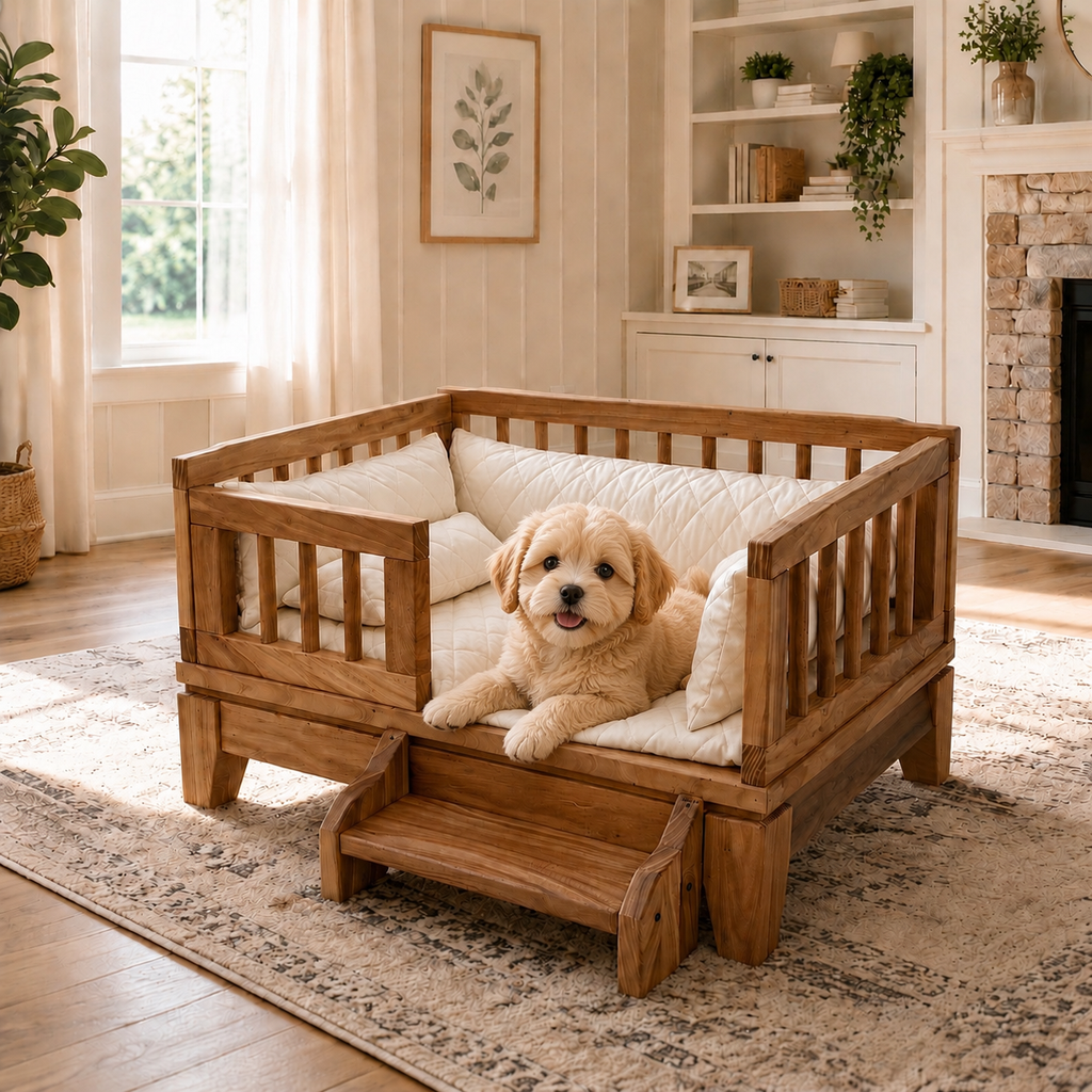 Premium Solid Wood Pet Bed with Removable Cushion for Dogs & Cats