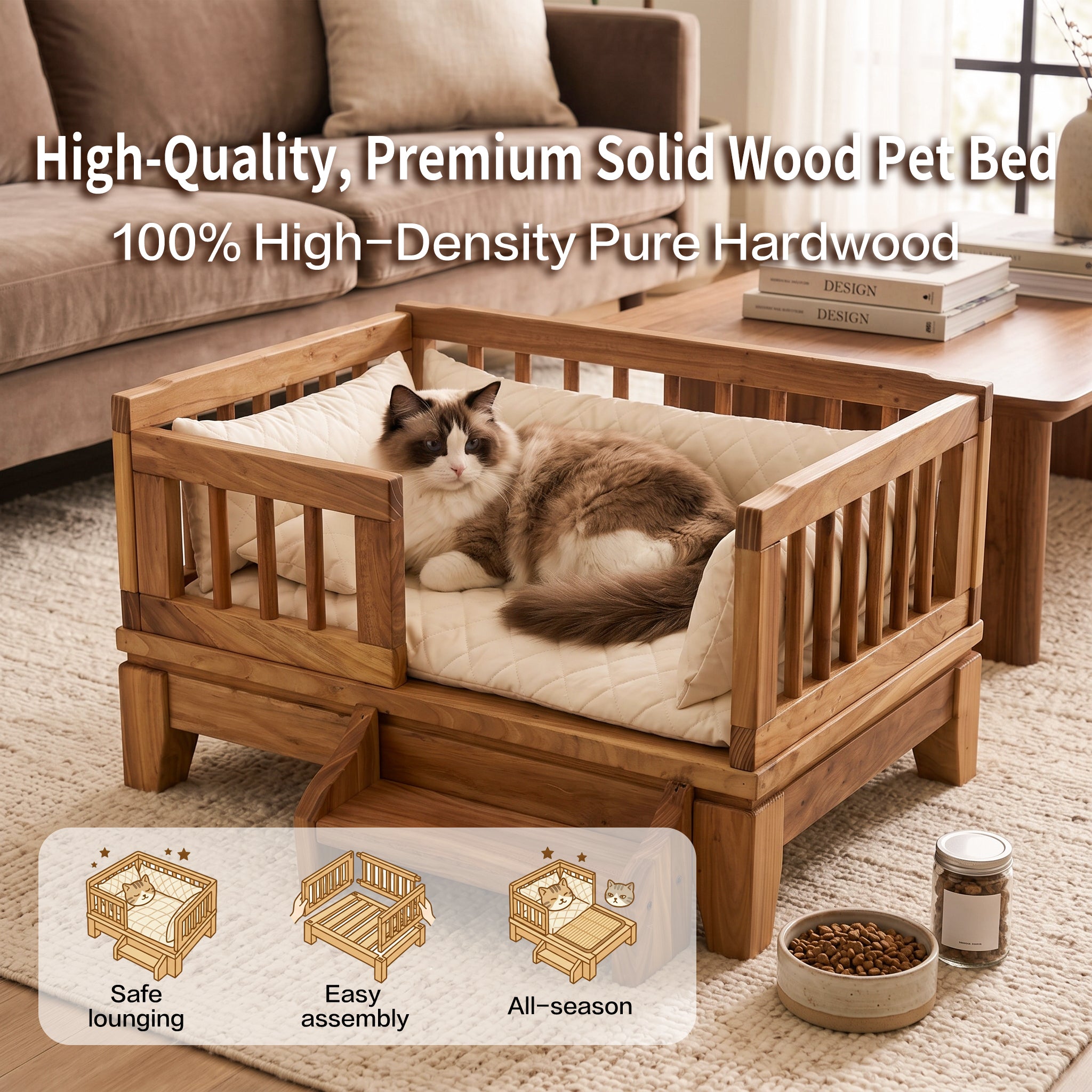 Premium Solid Wood Pet Bed with Removable Cushion – Dogs & Cats