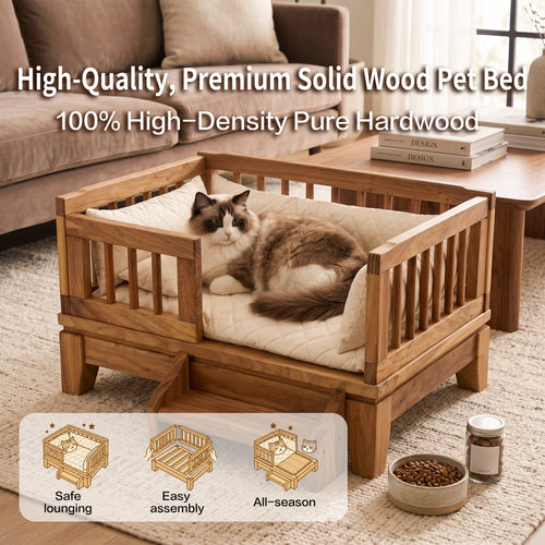Premium Solid Wood Pet Bed with Removable Cushion – Dogs & Cats
