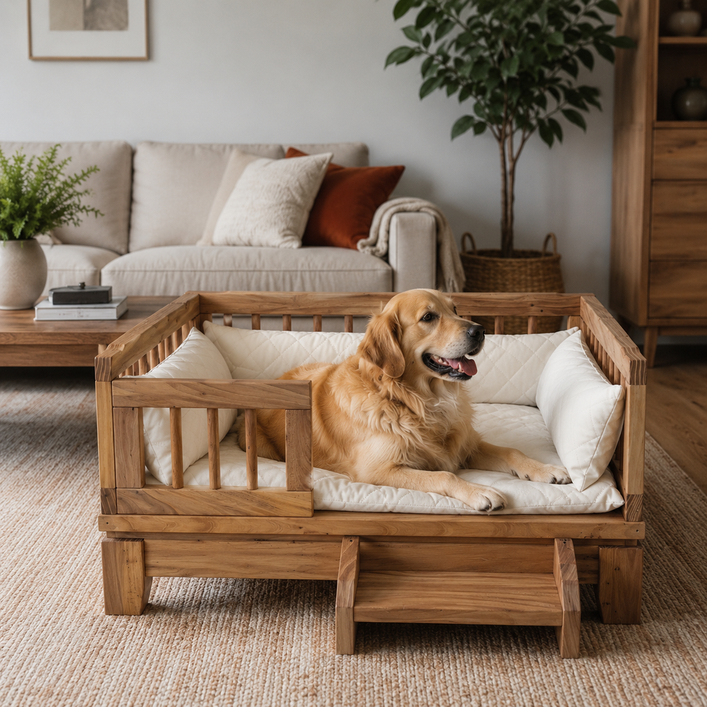 Premium Solid Wood Pet Bed with Removable Cushion for Dogs & Cats
