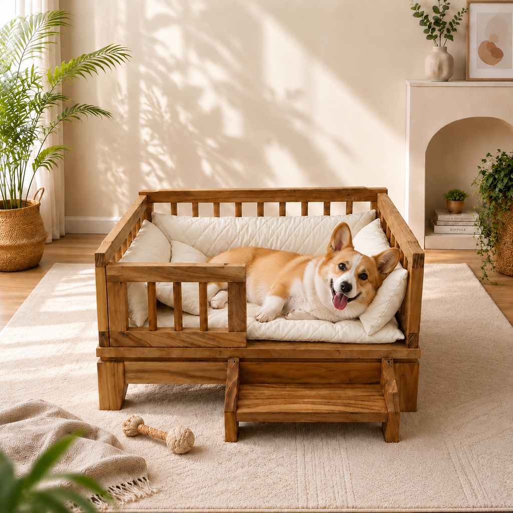 Premium Solid Wood Pet Bed with Removable Cushion for Dogs & Cats