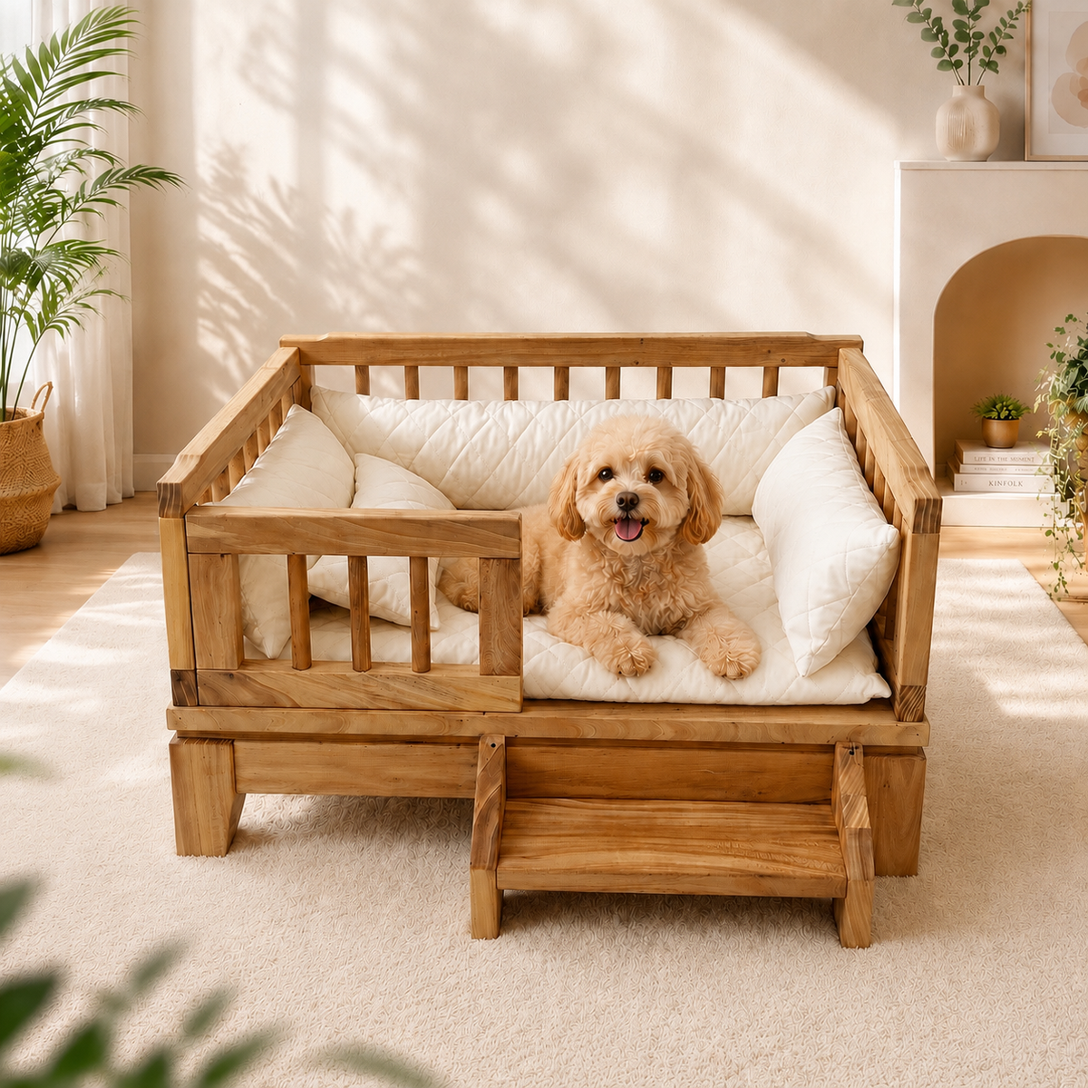 Premium Solid Wood Pet Bed with Removable Cushion for Dogs & Cats